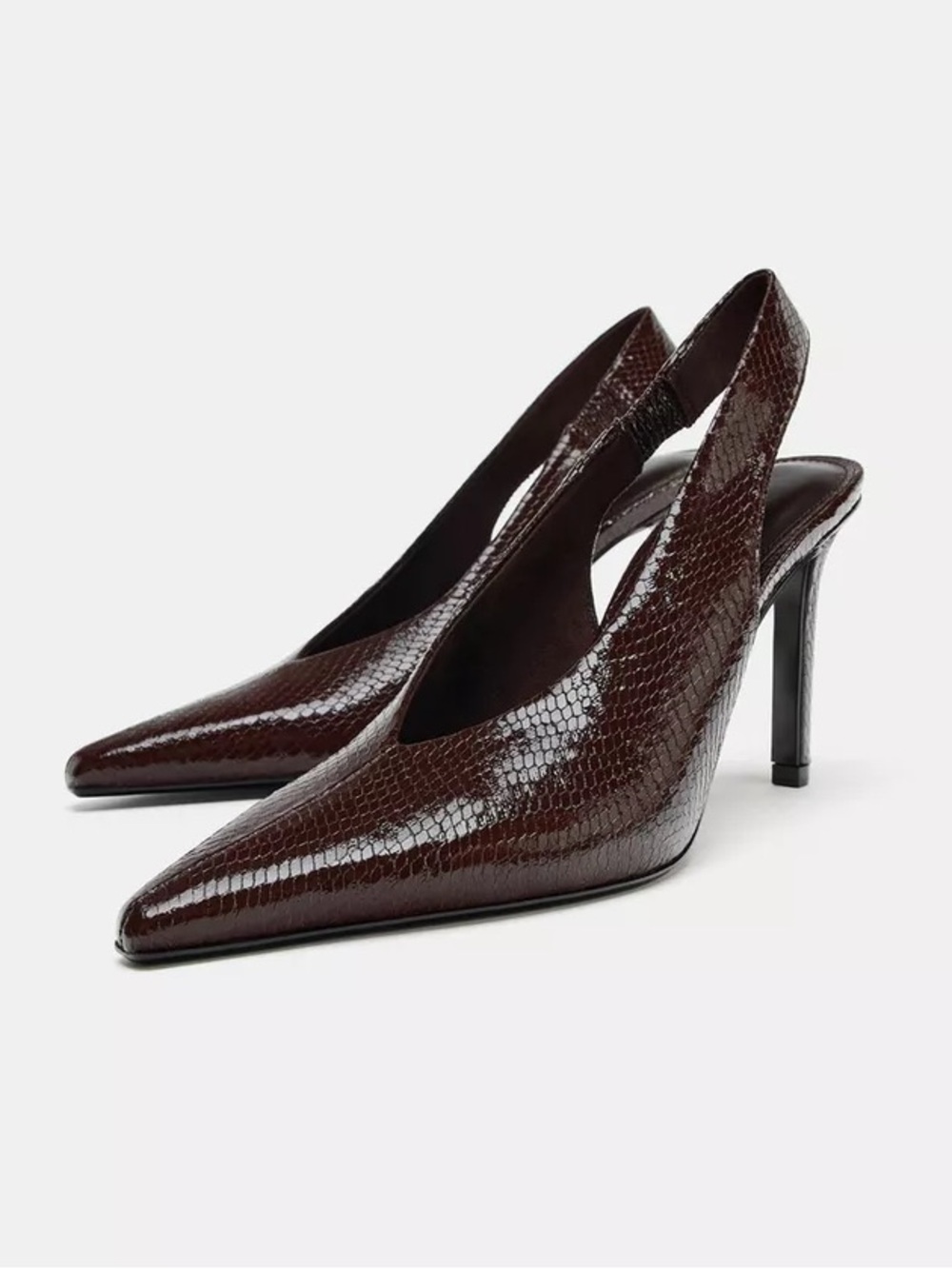 Zara Burgundy Croc-Effect Pointed Slingback Heels